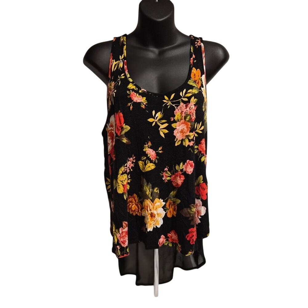 Ambiance Apparel Floral Sheer Mesh Racerback High Low Tank Top Black Medium